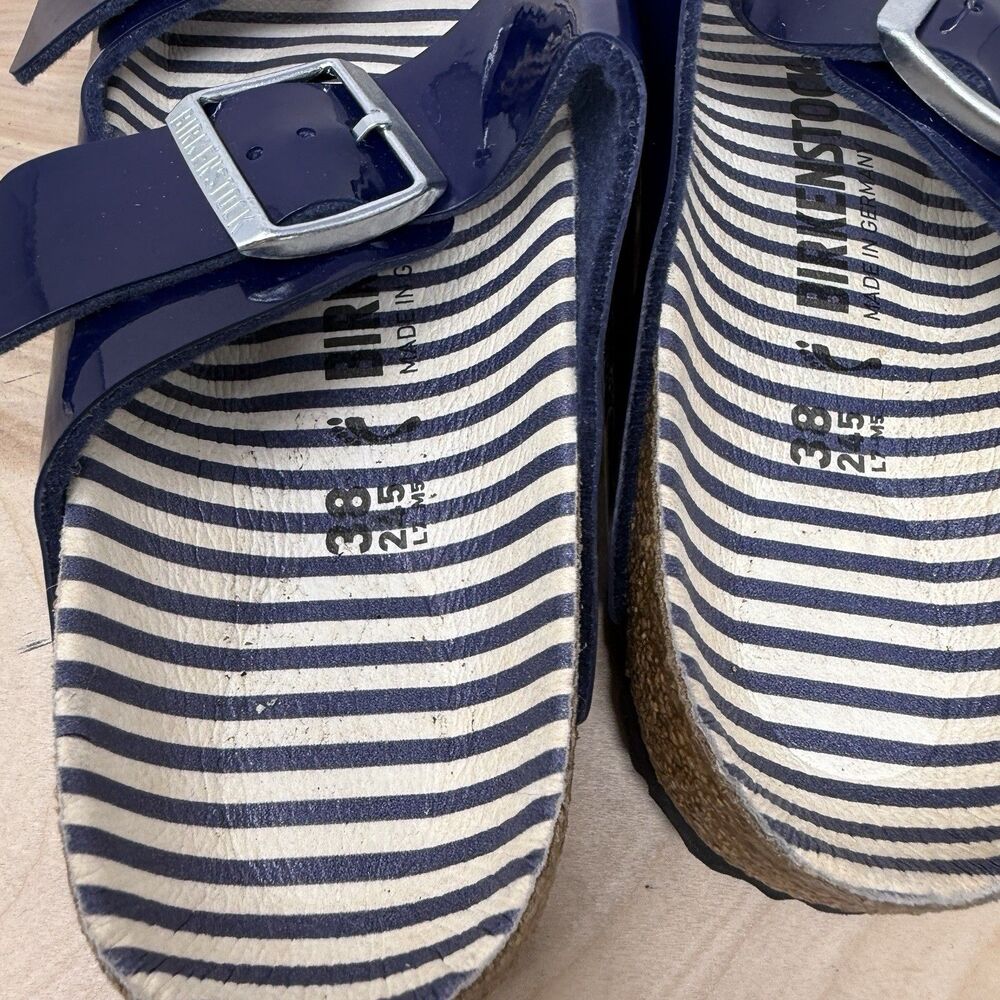 Birkenstock Navy Patent Two-Strap Sandals with Striped Footbed - Picture 5 of 9
